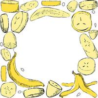 Square frame with circle inside made of Bananas and slices in graphic. illustration. Suitable for printing on fabric and paper, for dishes, kitchen, creativity. vector