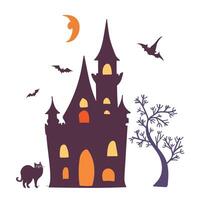 Halloween design elements. Castle, cat, tree and flying bats. vector