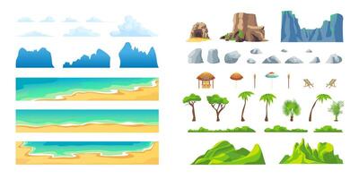 Cartoon Color Beach Landscape Constructor Different Elements Set. vector