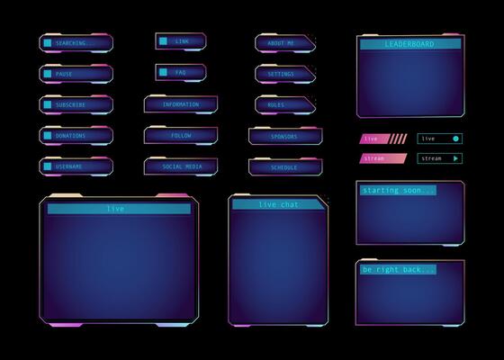 Different Game Frame Set Abstract Digital User Interface. Illustration of Stream Overlay Banner with Buttons and Player UI Template
