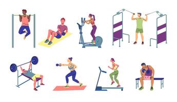 Cartoon Color Characters People Training and Exercising Set. vector