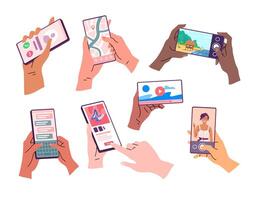 Cartoon Color Diverse People Hands Holding Smartphones Using Set. vector