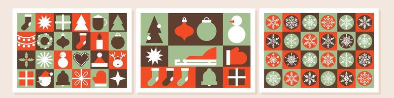 Winter holiday greeting card, postcard set. Merry Christmas and Happy New Year concept. Horizontal minimalist geometric modern illustration with Xmas elements. For invitation, cover, banner vector