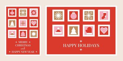 Merry Christmas and Happy New Year geometrical greeting card set. Happy holidays. Vertical, horizontal a4 poster. Minimalist geometric modern Xmas design. For invitation, cover, postcard, party vector