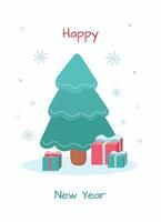 New Year card with Christmas tree and gift boxes. Hand drawn simple illustration for cards, invitations, posters. vector