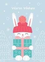 Greeting card with cute rabbit holding giving box. Hand drawn illustration with happy rabbit, gift, snow and Warm wishes for New Year poster or card design. vector
