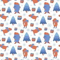 Winter seamless pattern with cute capybara on ice skates, snowflakes and Christmas tree. Flat illustration for fabric or wrapping paper. vector