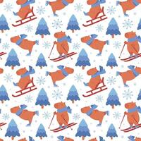 Winter seamless pattern with cute capybara on ice skates, snowflakes and Christmas tree. Flat illustration for fabric or wrapping paper. vector