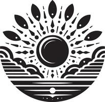 A black and white logo with a sun and clouds vector