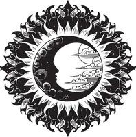 A black and white sun and moon in a circular design vector