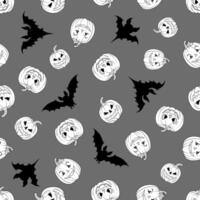 Seamless pattern with a white pumpkin and a bat silhouette on a gray background vector