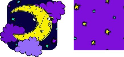 Set with moon, clouds and seamless star background vector