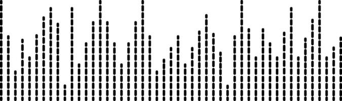 Mesmerizing soundwave pattern of black dots forms a cityscape silhouette against a white background, blending music, rhythm, and technology in a modern graphic vector