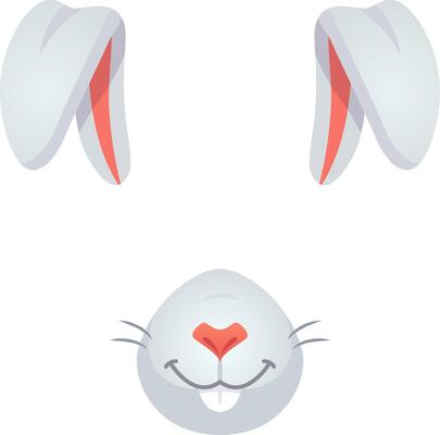Adorable cartoon bunny face for easter and kids' designs, with big smile, long ears, pink nose, isolated on white background. Cheerful mascot adds sweetness to your project.