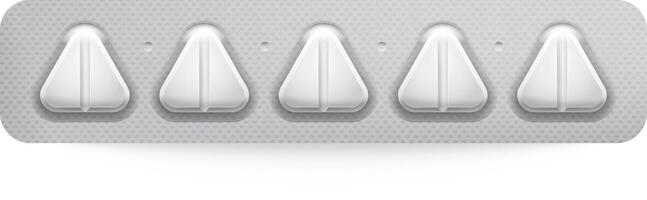 Five white triangular pills in a blister pack, isolated on white. Perfect for healthcare concepts vector