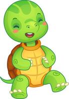 Cheerful cartoon turtle laughs with eyes closed, exuding joy and playfulness. Perfect for kids, toddlers, and preschoolers. Isolated on white, adds happiness to any design project vector