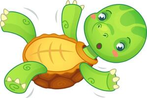 Cute cartoon turtle falls on its back, looking surprised and waving its legs in the air, expressing shock and panic in a colorful, playful design perfect for kids vector