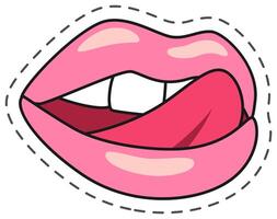 Cartoon illustration of female's open mouth with tongue licking out isolated on white background. Sensual drawing with dotted line around vector