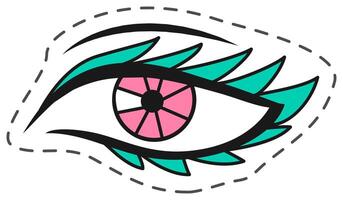 Colorful cartoon eye with long eyelashes and a pink iris, surrounded by a dashed line border, suggesting a playful and stylish aesthetic vector
