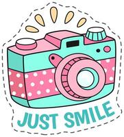 Cute, retro camera in turquoise and pink with a big smile to inspire joy and positivity. Capture life's moments in style with this happy camera vector