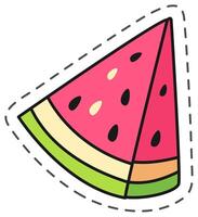 Cartoon drawing of a watermelon slice with black seeds, pink flesh, green rind, and a dotted cut line, suggesting it's a sticker or cutout vector