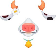 Whimsical cow face design with playful elements like nose, ears, flower, and bell. Adds charm to any project vector