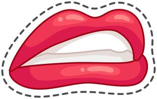 Cartoon illustration of red lips slightly parted showing teeth biting down, isolated on white background with black dashed cut out outline vector