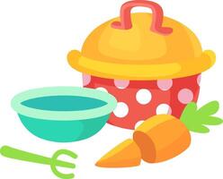 Vibrant illustration featuring a pot, a bowl filled with baby food, a carrot, and a baby spoon, emphasizing the preparation of nutritious meals for infants vector