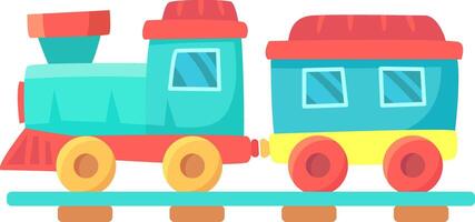 Cartoon illustration of a toy train engine pulling a passenger carriage, showcasing vibrant colors and a playful design vector