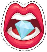 Cartoon illustration of red lips holding a big shiny diamond between teeth, on a white background with black dashed outline vector