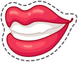 Cartoon illustration of red lips showing teeth with a big smile, isolated on a white background with a black dashed border vector