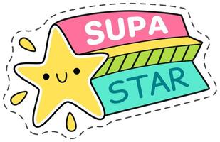 Cartoon drawing of a yellow star smiling with a colorful ribbon and lettering, ideal for children's designs. This illustration is perfect for projects related to childhood, happiness and fun vector