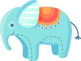 Blue elephant toy with colorful blanket on its back, a cheerful and playful illustration perfect for children's designs. The toy like design adds a touch of whimsy and nostalgia vector
