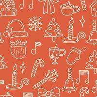 seamless pattern with christmas icons in doodle style on orange background vector
