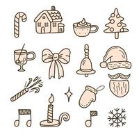 set of illustrations with christmas icons in doodle style on white background vector