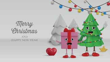 christmas card with funny 3d groovy characters. christmas banner with funny animated gift box and christmas tree vector