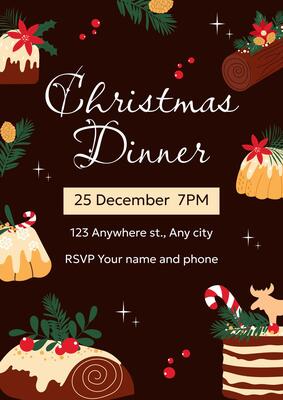 Hand drawn poster design for Christmas dinner. Editable invitation with traditional cakes and sweets.
