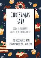 Hand drawn poster design for Christmas fair. flyer editable template with cakes and sweets on blue background. vector