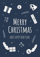 Template for a Christmas greeting card. Doodle winter decor on a blue background. vector