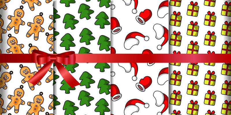 Christmas pattern set with cute Santa hat, present box, Christmas tree and ginger man cookie