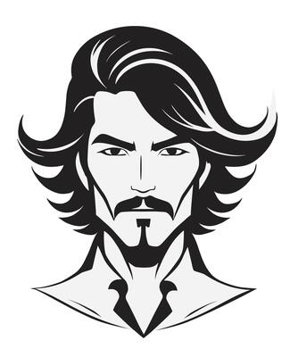 Men haircut, medium shag and feathered layers, and moustache, in the style of the 1970s.