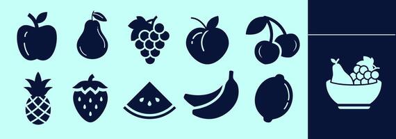 Fruits SOLID icon set for logo, marketing, digital work. Apple, pear, banana, pineapple, cherry, peach, grapes, strawberry, watermelon, lemon. Editable outline, size and color. vector