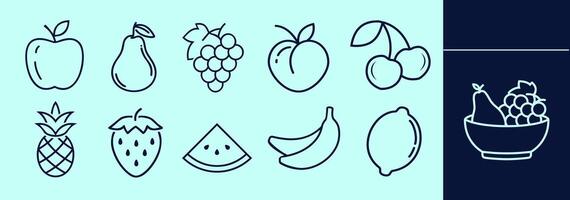 Fruits LINE icon set for logo, marketing, digital work. Apple, pear, banana, pineapple, cherry, peach, grapes, strawberry, watermelon, lemon. Editable outline, size and color. vector