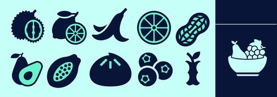 Fruits SOLID icon set for logo, marketing, digital work. Rambutan, lemon, orange, banana peel, pear, papaya, fig, blackberries, apple pit, peanut. Editable outline, size and color. vector
