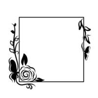 Flower and butterfly border square frame black line drawing illustration vector