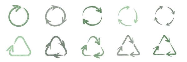 Hand drawn recycling symbols set. Green chalk recycle arrows, refresh icons. Doodle design element for eco and zero waste concept vector