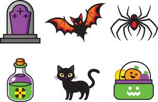 Halloween elements bundle and Halloween Scary character set cat, spider, bat, grave, candy, and toxin bottle illustration isolated on white vector
