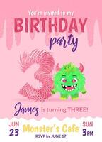 Birthday party invitation card with cartoon monster, hand drawn fluffy number three, and slime. Celebrate a third birthday. Happy birthday and Halloween concepts. Postcard or leaflet template. vector