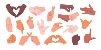 Set of human hands with different gestures and positions. Hands with different skin tones showing heart, handshake, greeting, fist and other signs. Isolated illustrations on a white background. vector