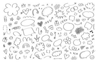 Set of doodle elements with arrows, speech bubbles, decorative objects and icons. Hand drawn ink pen elements. Simple sketch symbols isolated on a white background. Line art. vector